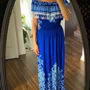 Long bright blue stretchy strapless maxi dress